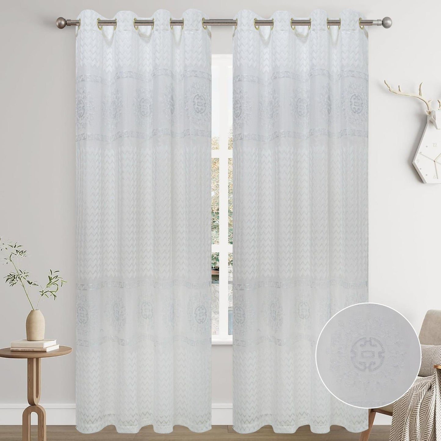 LUCILLE EMBROIDERY SHEER WITH 8 GROMMETS PANEL-SIZE 54X84 WITH BACKING