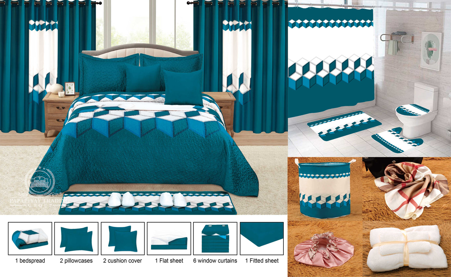 25 Pcs Bedspread With Matching Curtains & Bath Decor
