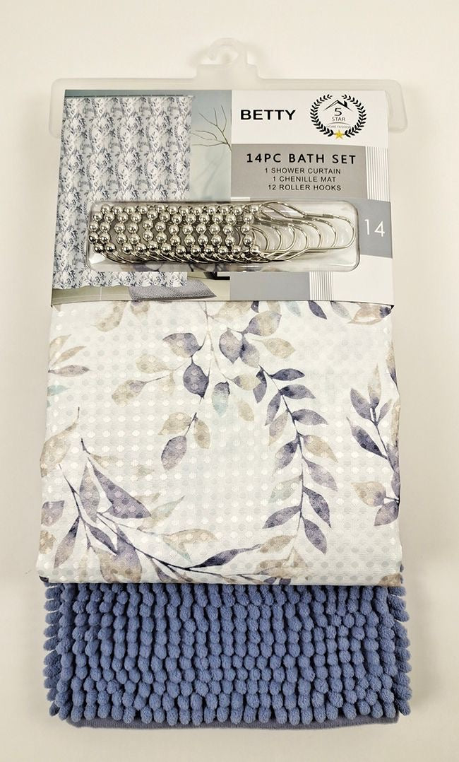BETTY 14PC SHOWER CURTAIN WITH A RUG MATT 12 PER BOX ASSORTED COLORS