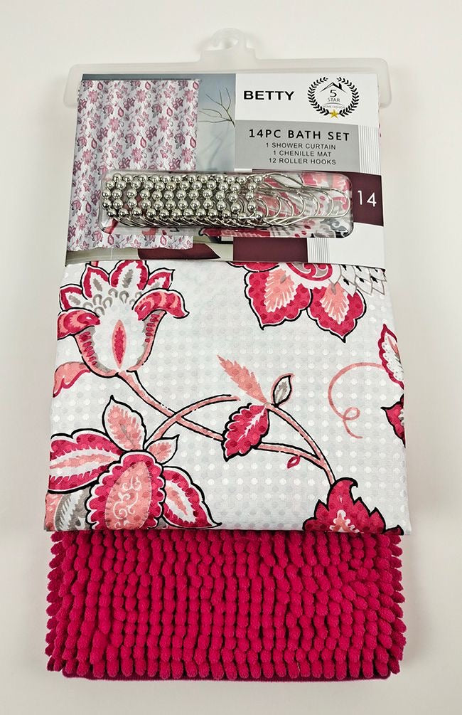 BETTY 14PC SHOWER CURTAIN WITH A RUG MATT 12 PER BOX ASSORTED COLORS