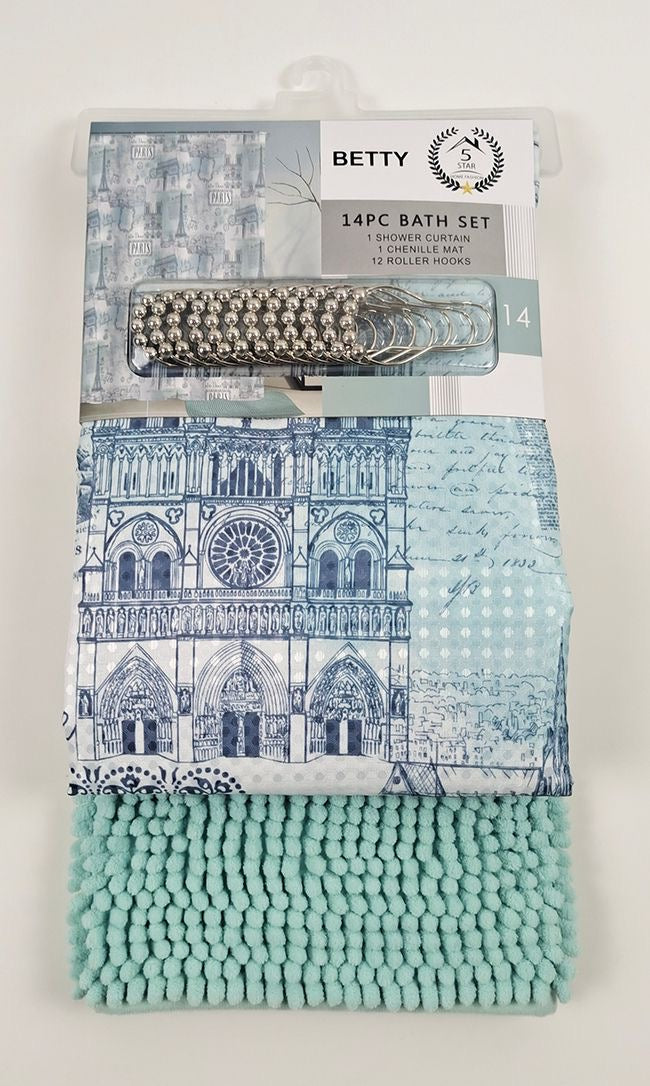 BETTY 14PC SHOWER CURTAIN WITH A RUG MATT 12 PER BOX ASSORTED COLORS