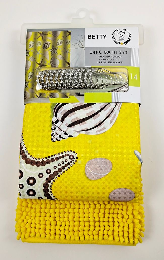 BETTY 14PC SHOWER CURTAIN WITH A RUG MATT 12 PER BOX ASSORTED COLORS