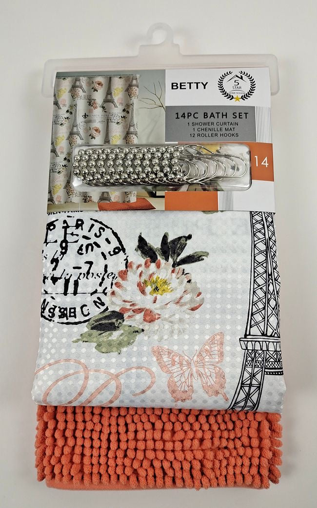 BETTY 14PC SHOWER CURTAIN WITH A RUG MATT 12 PER BOX ASSORTED COLORS