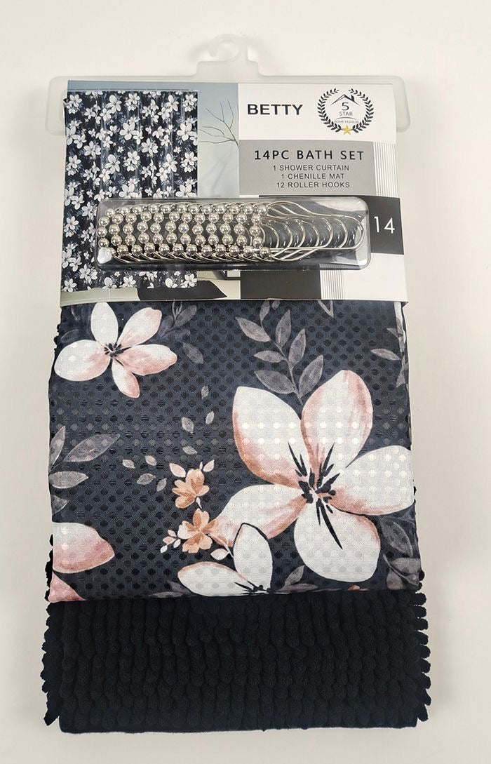 BETTY 14PC SHOWER CURTAIN WITH A RUG MATT 12 PER BOX ASSORTED COLORS