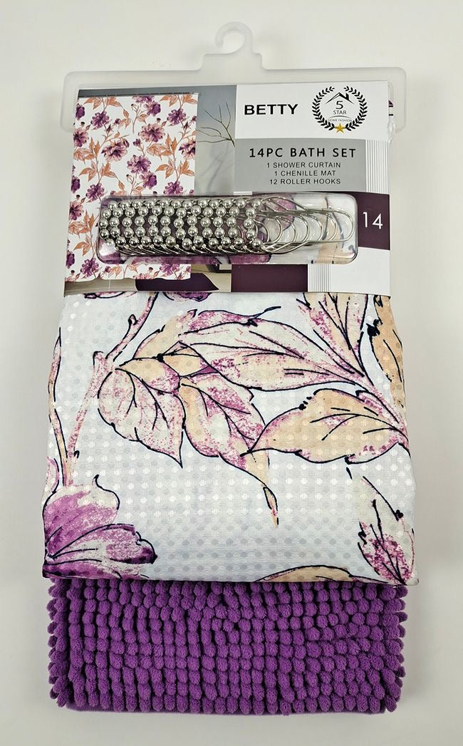BETTY 14PC SHOWER CURTAIN WITH A RUG MATT 12 PER BOX ASSORTED COLORS