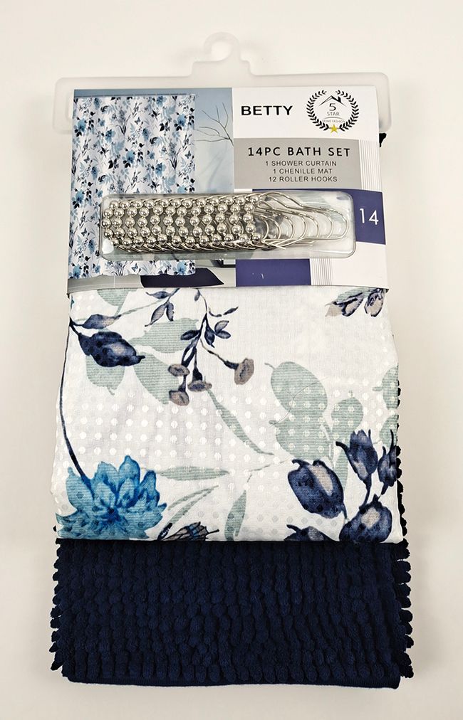 BETTY 14PC SHOWER CURTAIN WITH A RUG MATT 12 PER BOX ASSORTED COLORS