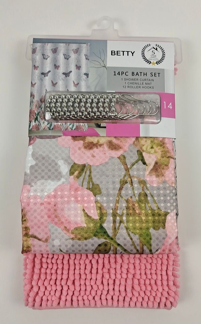 BETTY 14PC SHOWER CURTAIN WITH A RUG MATT 12 PER BOX ASSORTED COLORS