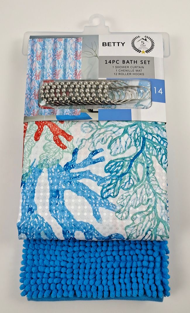 BETTY 14PC SHOWER CURTAIN WITH A RUG MATT 12 PER BOX ASSORTED COLORS