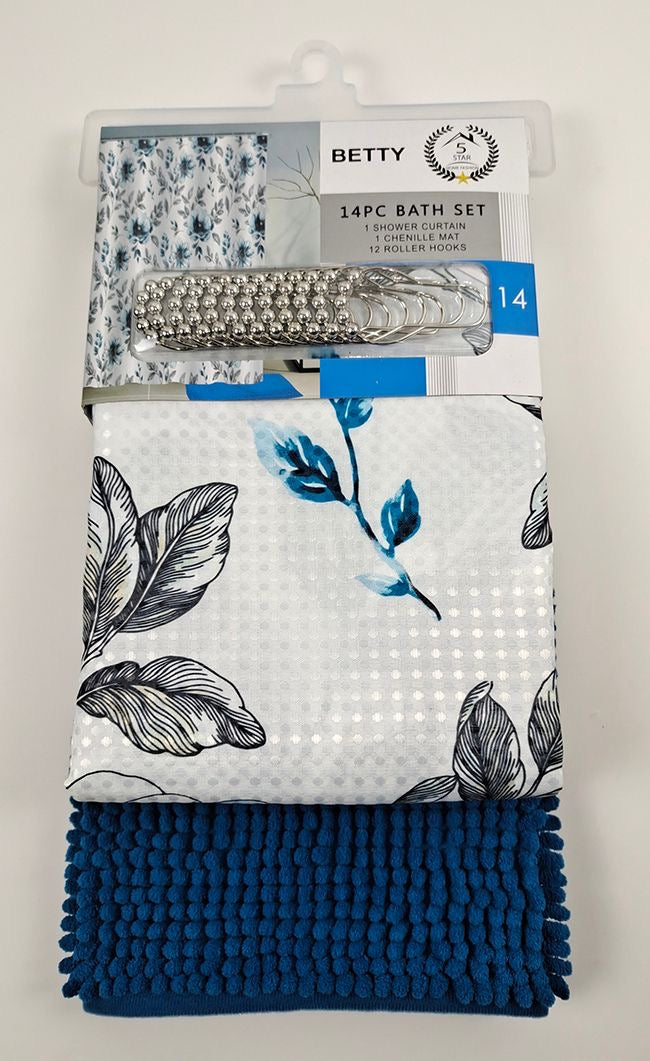 BETTY 14PC SHOWER CURTAIN WITH A RUG MATT 12 PER BOX ASSORTED COLORS