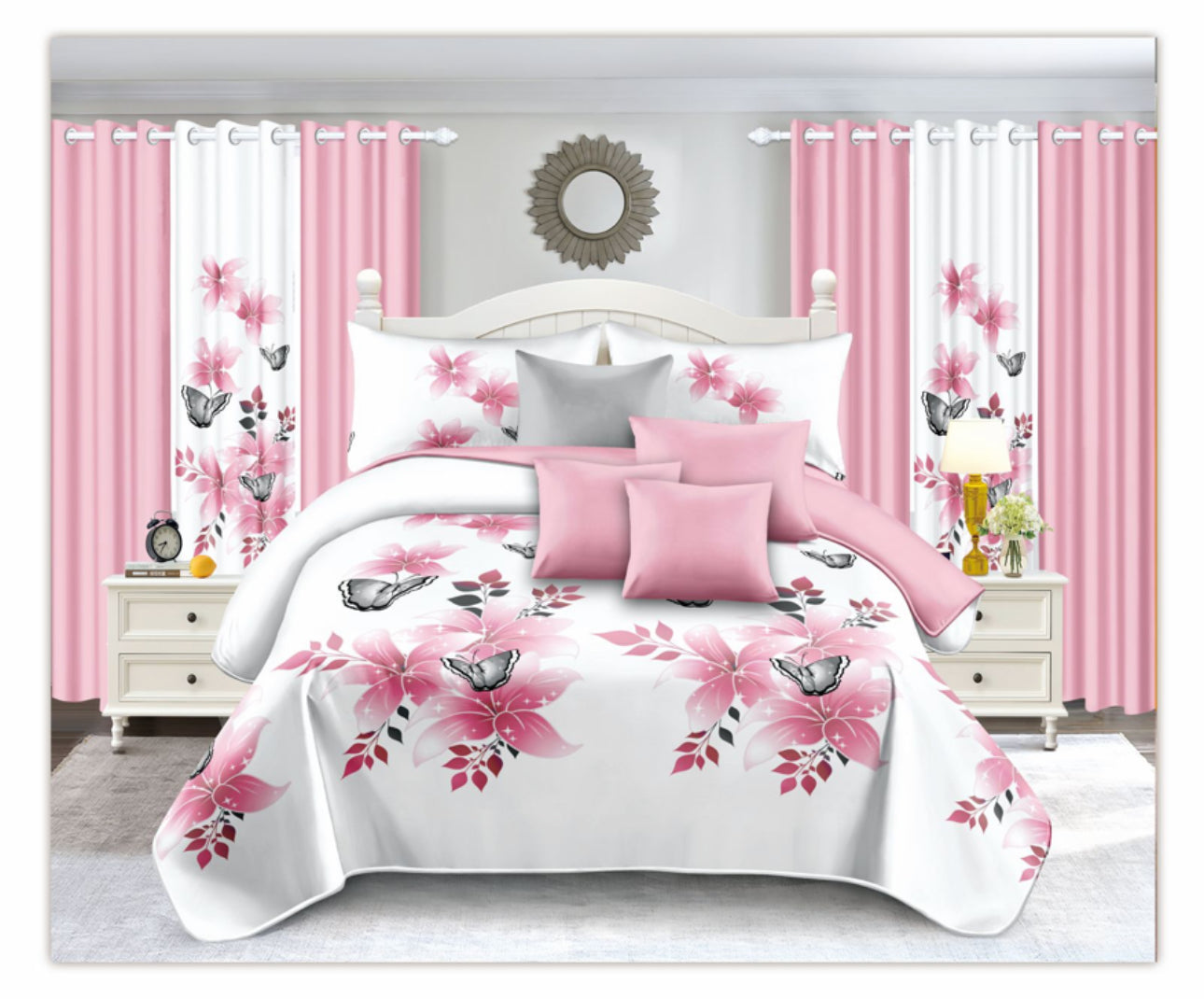 14 Pc Bedspread Set With 6 Matching Curtains