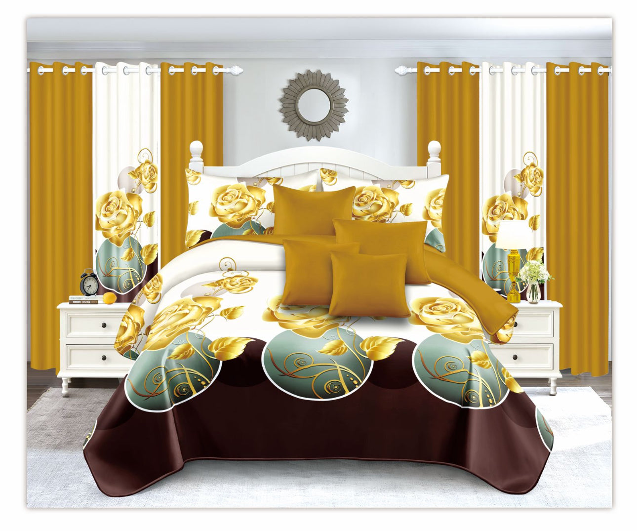 14 Pc Bedspread Set With 6 Matching Curtains