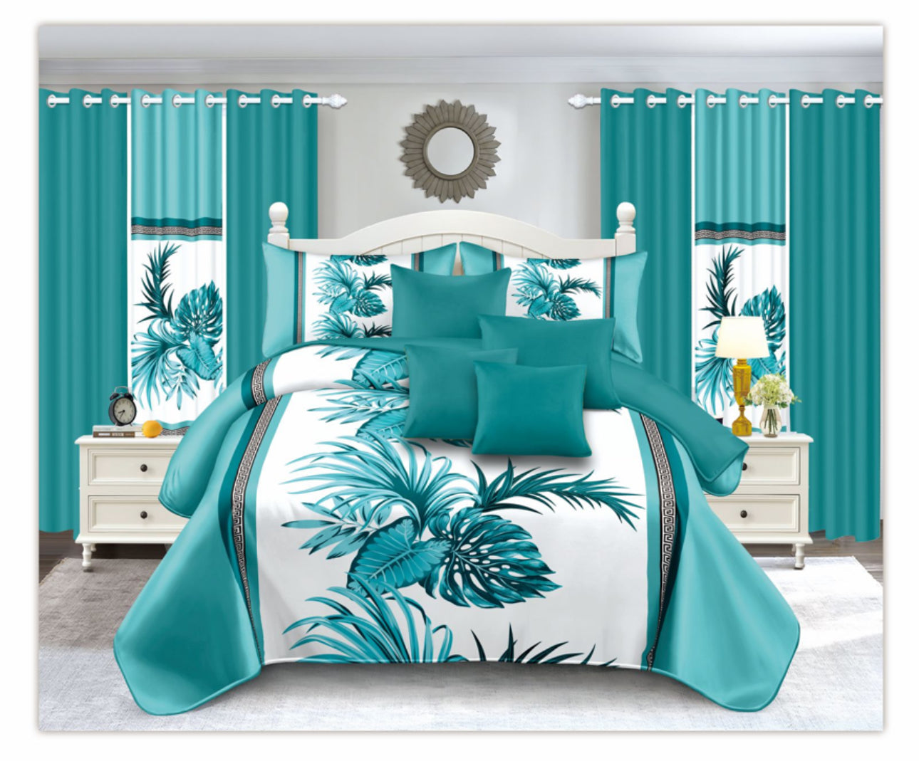 14 Pc Bedspread Set With 6 Matching Curtains