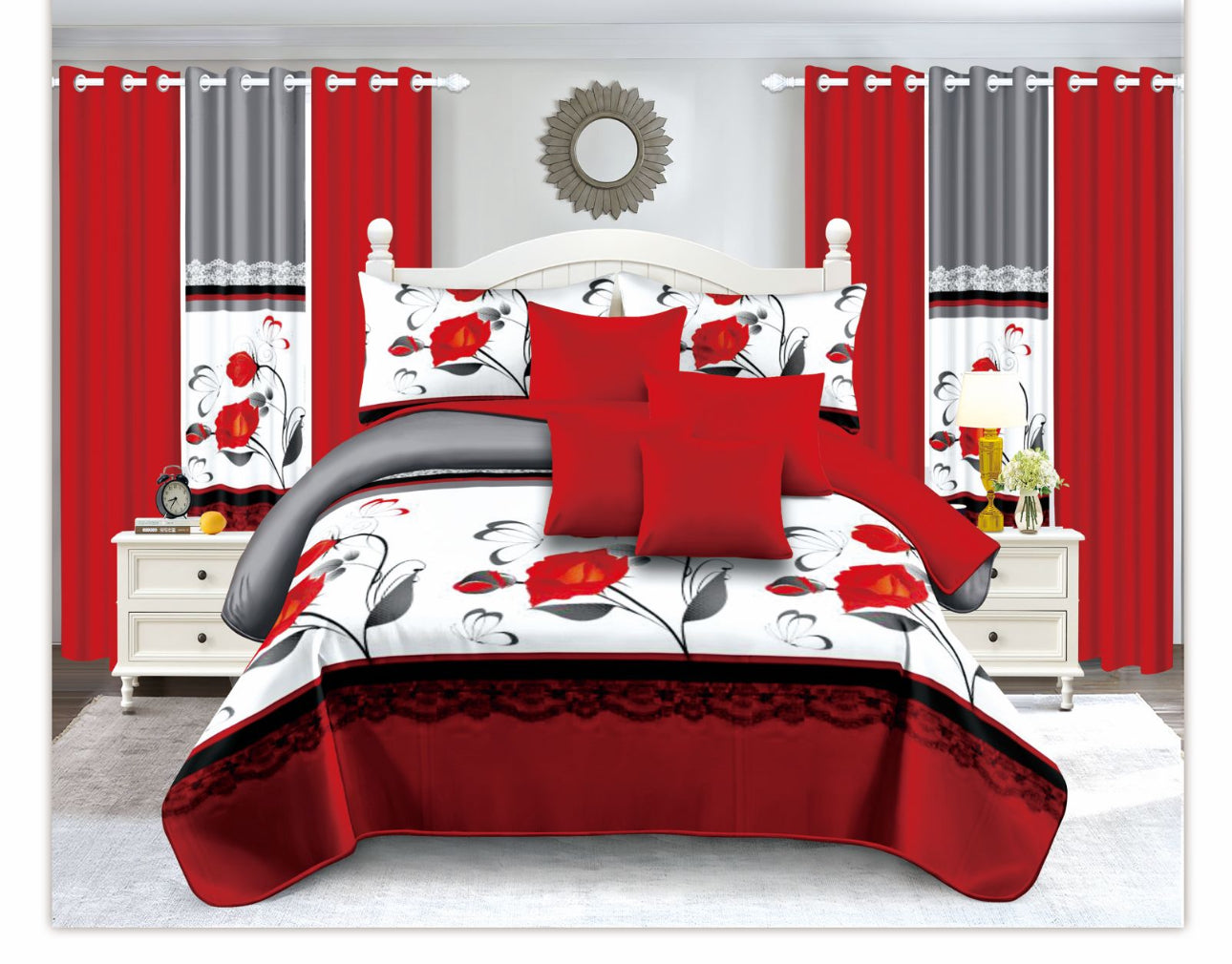 14 Pc Bedspread Set With 6 Matching Curtains