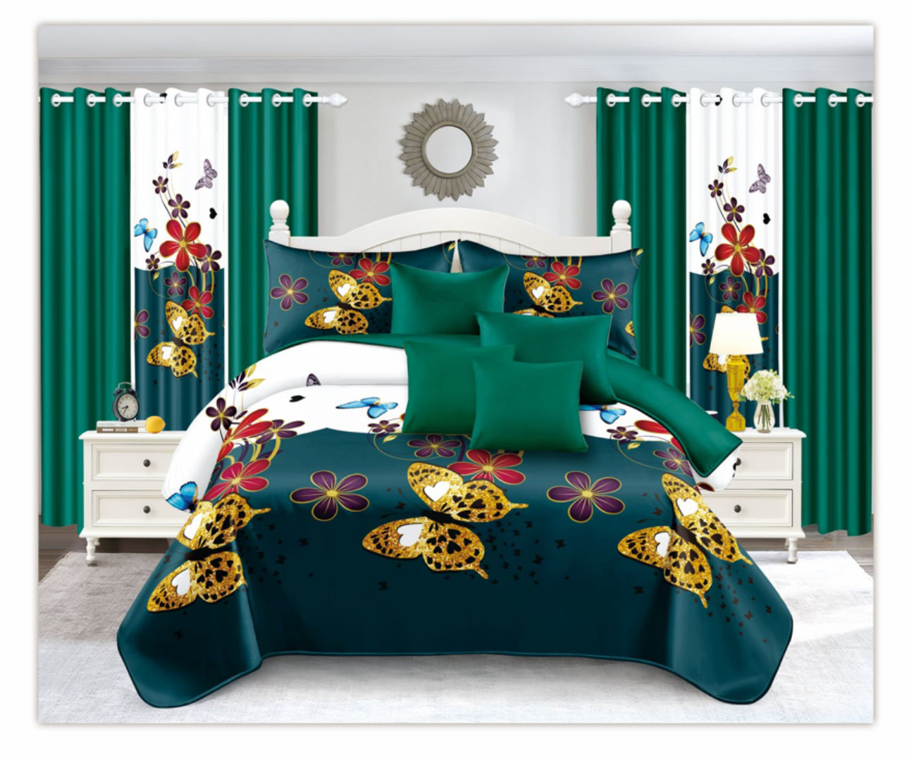 14 Pc Bedspread Set With 6 Matching Curtains