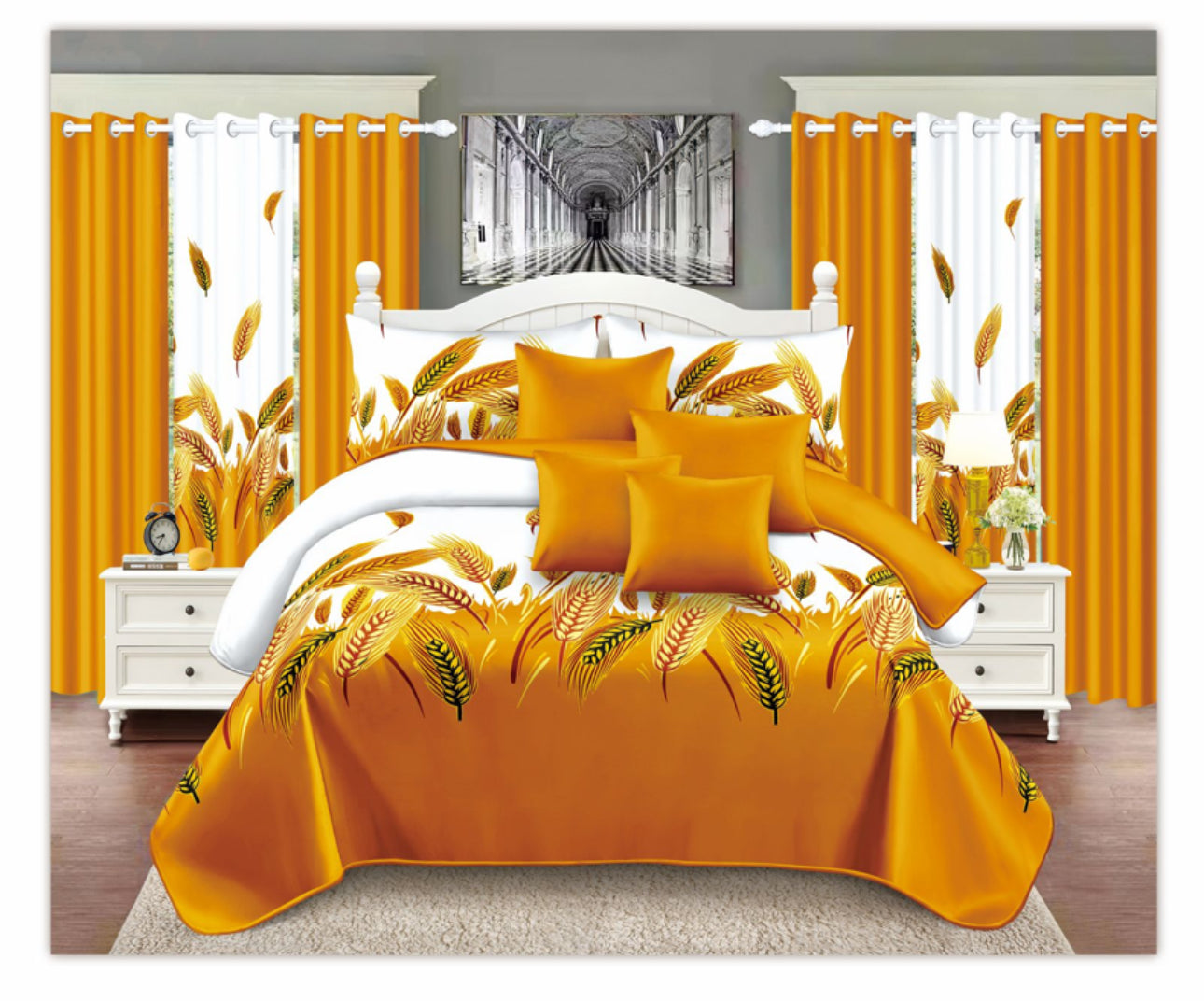14 Pc Bedspread Set With 6 Matching Curtains