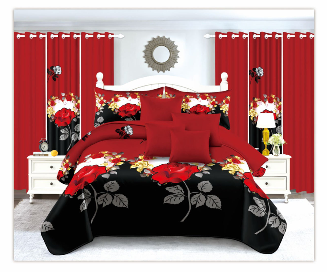 14 Pc Bedspread Set With 6 Matching Curtains