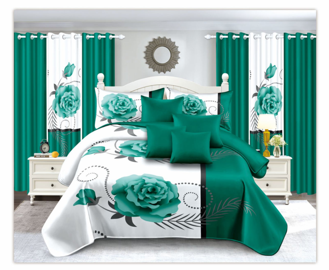 14 Pc Bedspread Set With 6 Matching Curtains