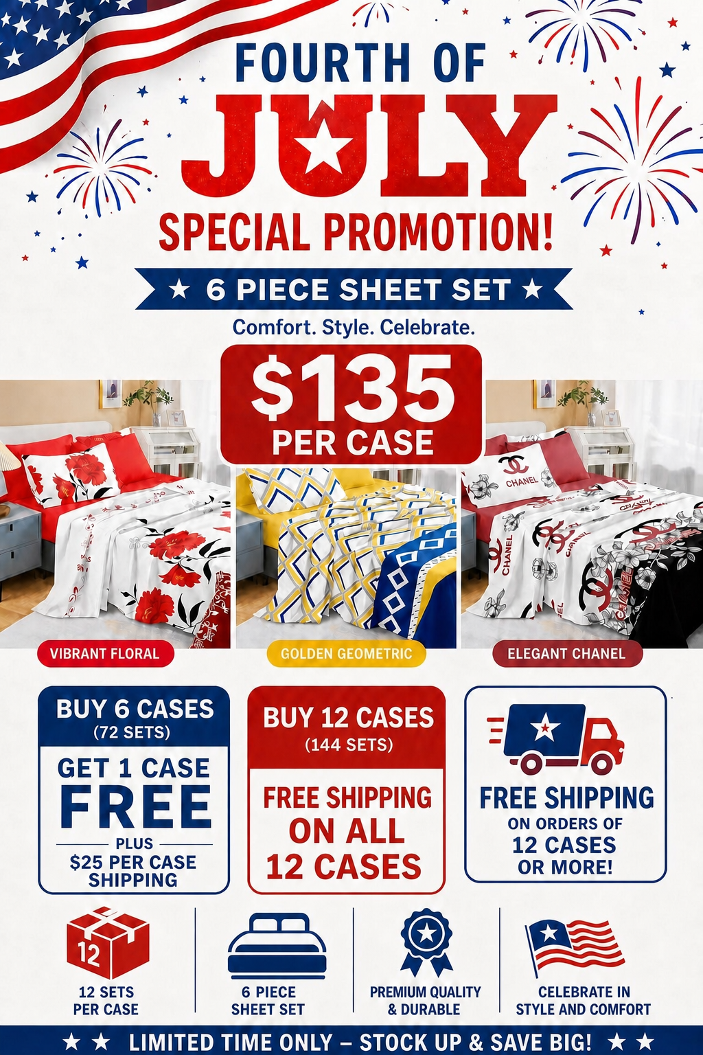 4th of July Special — 6 Piece Sheet Set (Case of 12) | $135/Case