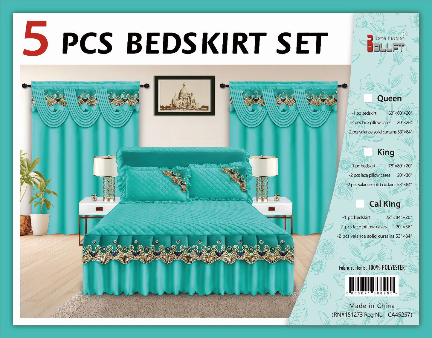 5-Piece Bedskirt Set with Lace Pillowcases & Valance Curtains