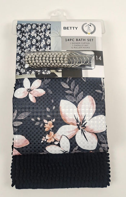 BETTY 14PC SHOWER CURTAIN WITH A RUG MATT 12 PER BOX ASSORTED COLORS